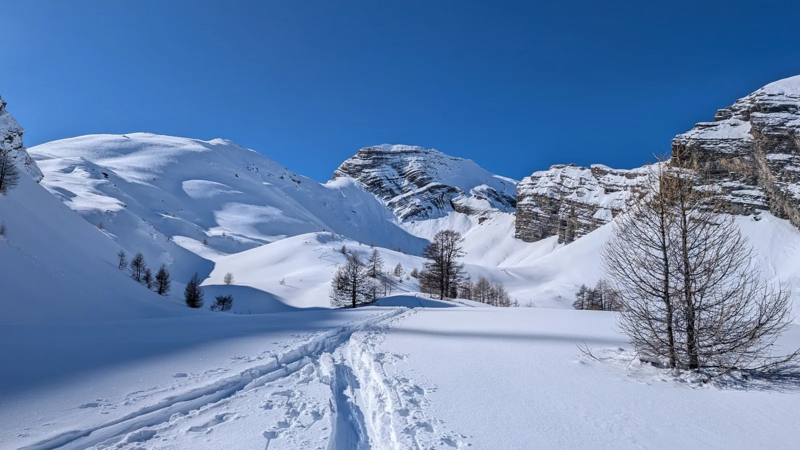 Trace de ski de randonnée dans la neige fraîche sous un grand ciel bleu